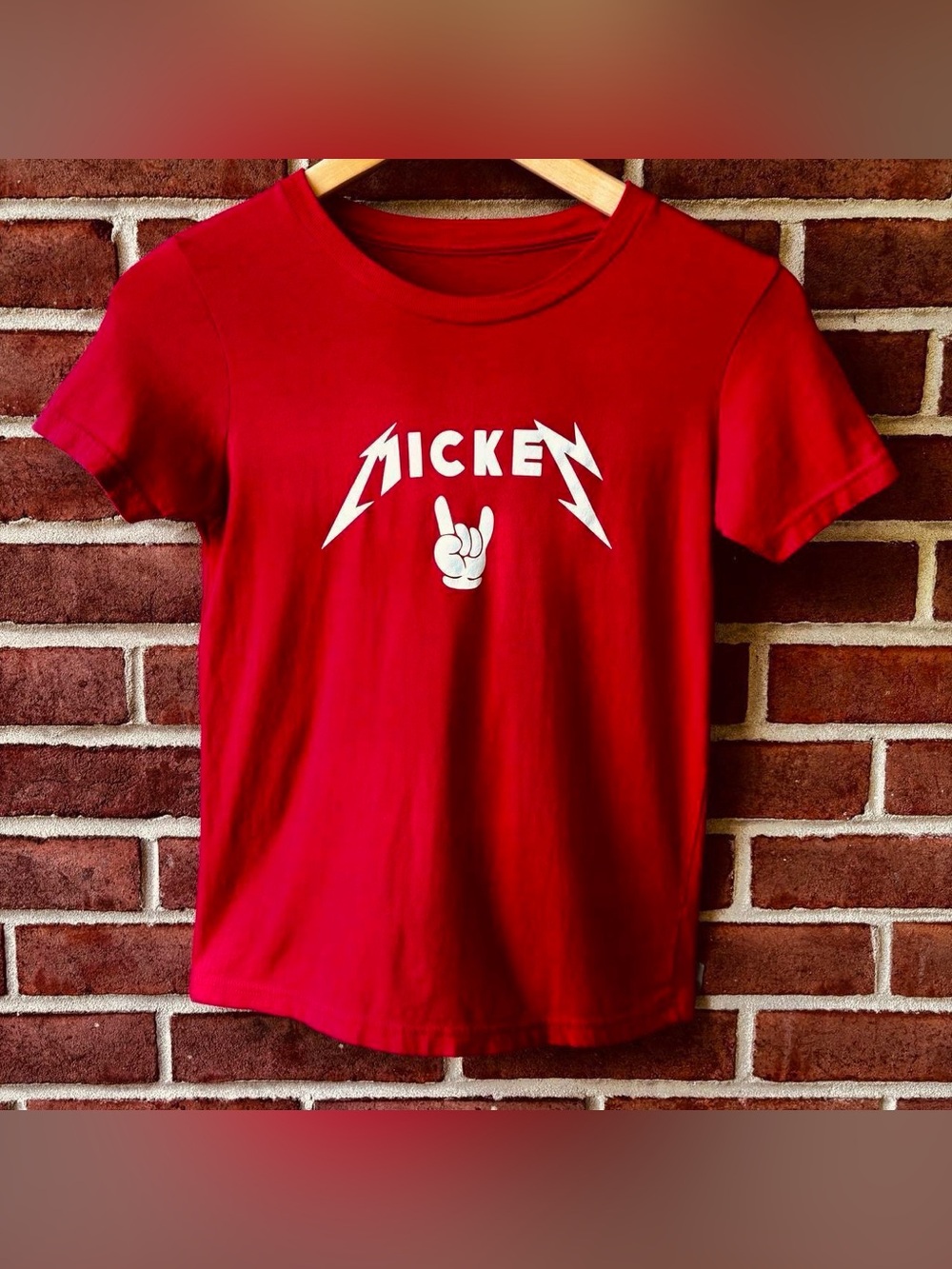 Mickey Mouse Metallica Inspired Baby Tee. Extra Small/Small. EUC. Red & White.